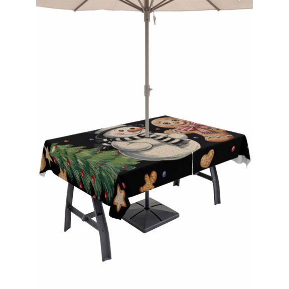 Outdoor Tablecloth with Umbrella Hole and Zipper, Black Christmas Rectangle Table Cloth 60x102 Inch Waterproof Tablecloth, Xmas Tree Gingerbread Snowman Winter Picnic Table Cover for Patio Camping