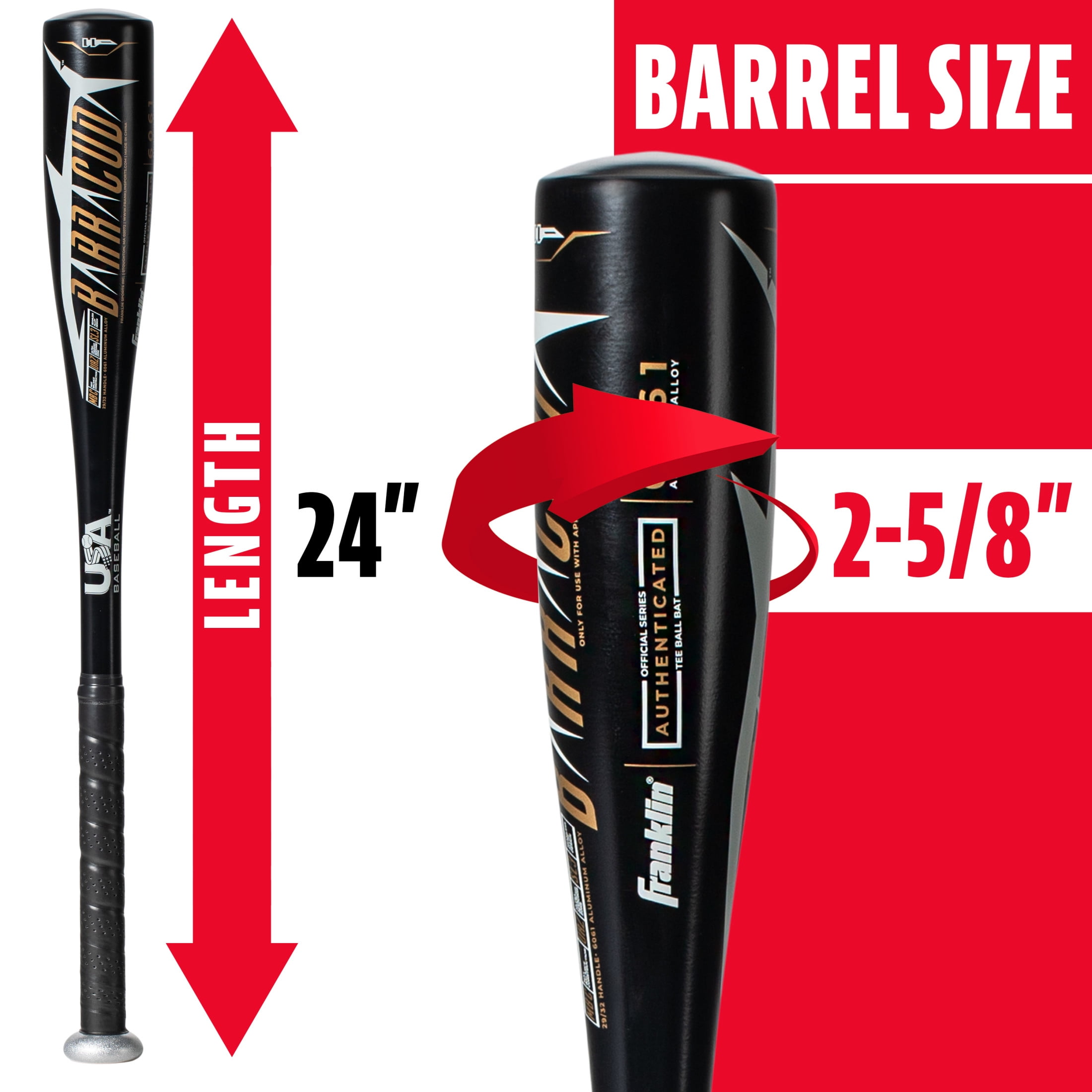 Franklin Sports Barracuda 1100 Youth Aluminum Teeball Bat, 24 in/13 oz, Drop -11, Black