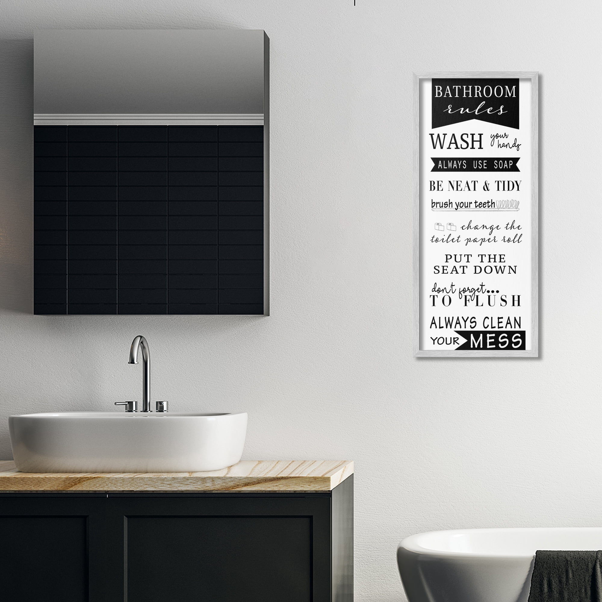 Stupell Industries Black Bathroom Rules Typography Painting Gray Framed Art Print Wall Art, 13 x 30