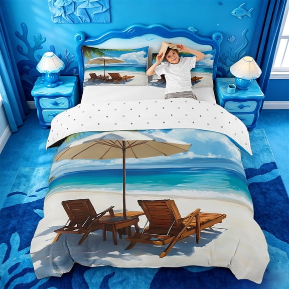 jejeloiu Beach Boardwalk Bedding,Coastal Scene Duvet Cover Full For Boys,Blue White,Reversible,3pcs,1 Duvet Cover and 2 Pillowcases