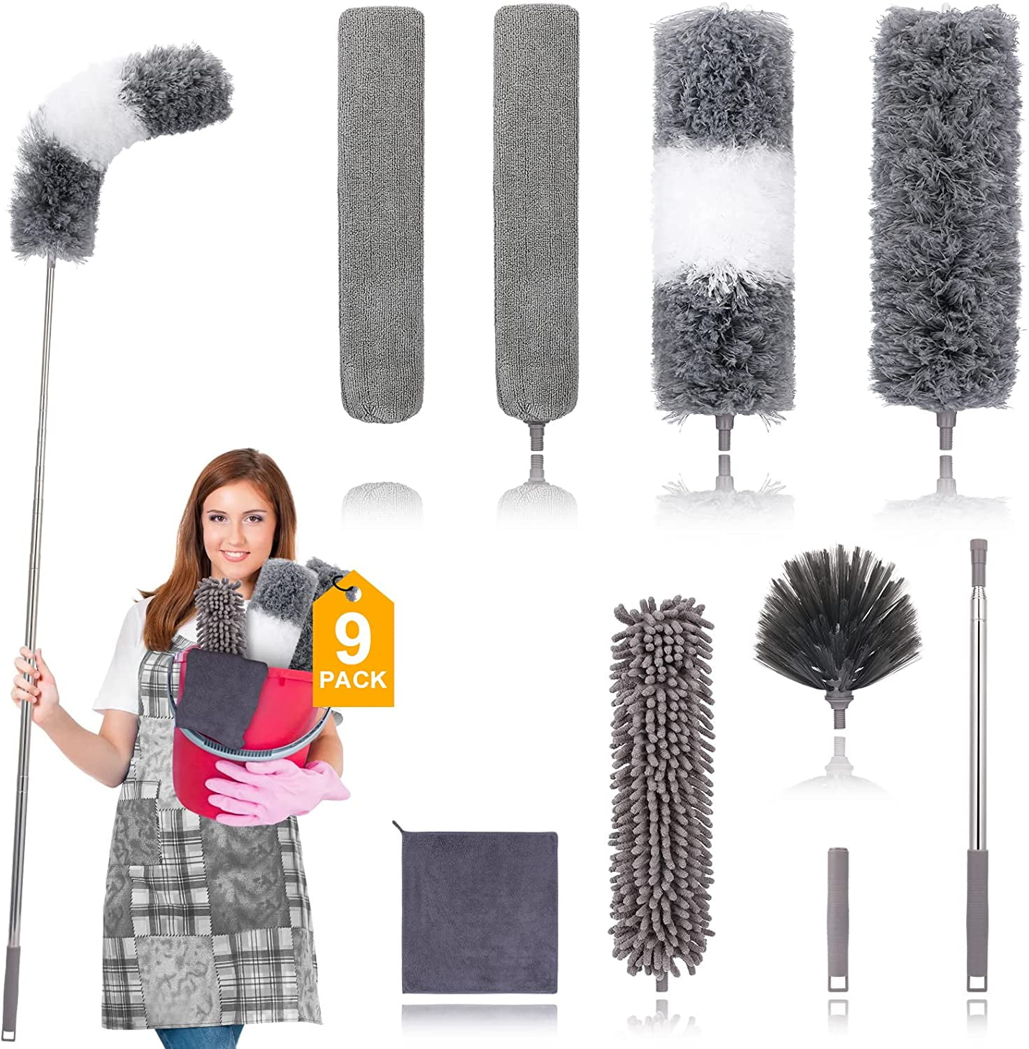 Telescoping Microfiber Duster,1 Stainless Steel Pole & 2 Cleaning Head,Ceiling Fan Duster,Bendable Washable Head,30-100 inches,for Cleaning Roof Corners,Furniture,Car,Skylight Blinds Cobwebs 