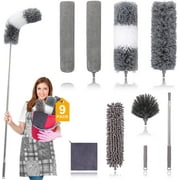 Happylost Microfiber Duster, 9PCS Extendable Feather Duster (Stainless Steel) 30 to 100 inches, Reusable Bendable Washable Dusters for Cleaning Ceiling Fan, High Ceiling, Blinds, Furniture, Cars, Gray
