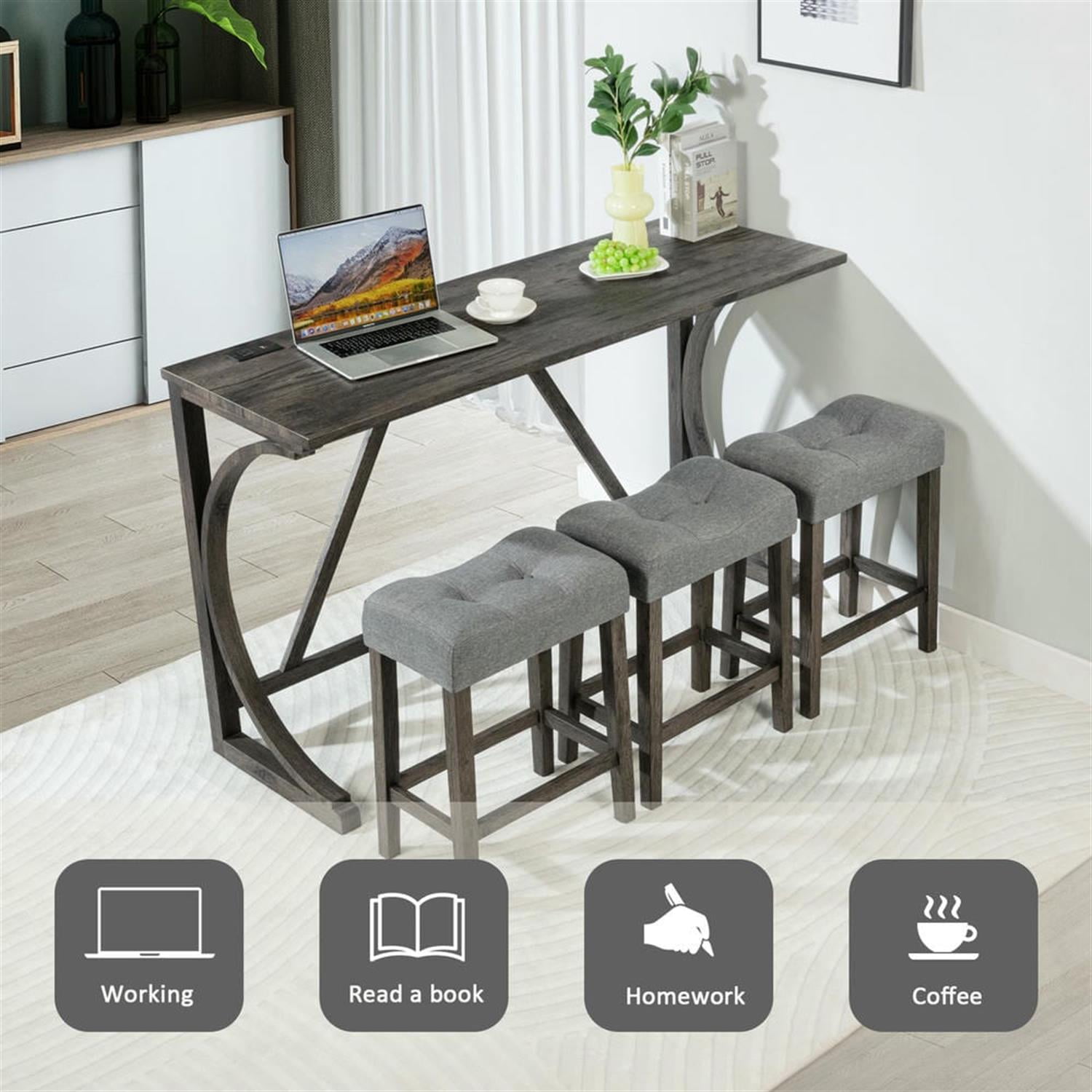 Demi Bonn 4-Piece Dining Table Set with 3 Upholstered Bar Stool and Power Outlets,dustrial Kitchen Bar Table Furniture Sets for Living Room, Apartment, Dark Gray