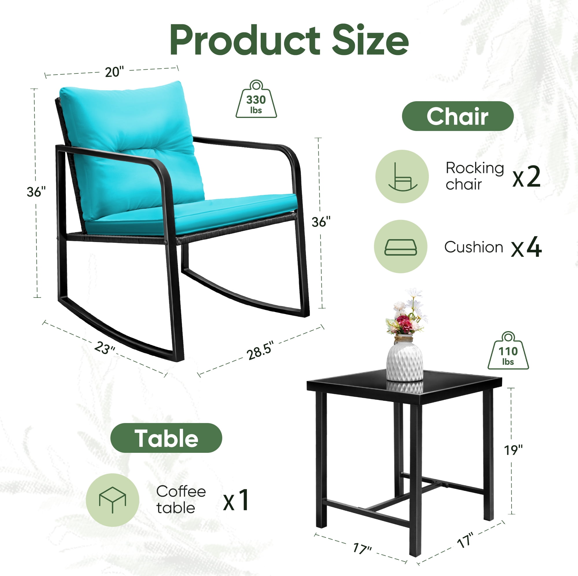 Devoko 3 Pieces Rocking Patio Furniture Sets Outdoor Rocking Chair PE Rattan Bistro Rocker Conversation Sets with Coffee Table for Garden,Blue