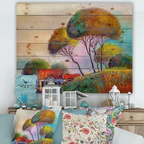 Designart 'Beautiful Village House On A Hot Summer Day' Modern Print on Natural Pine Wood