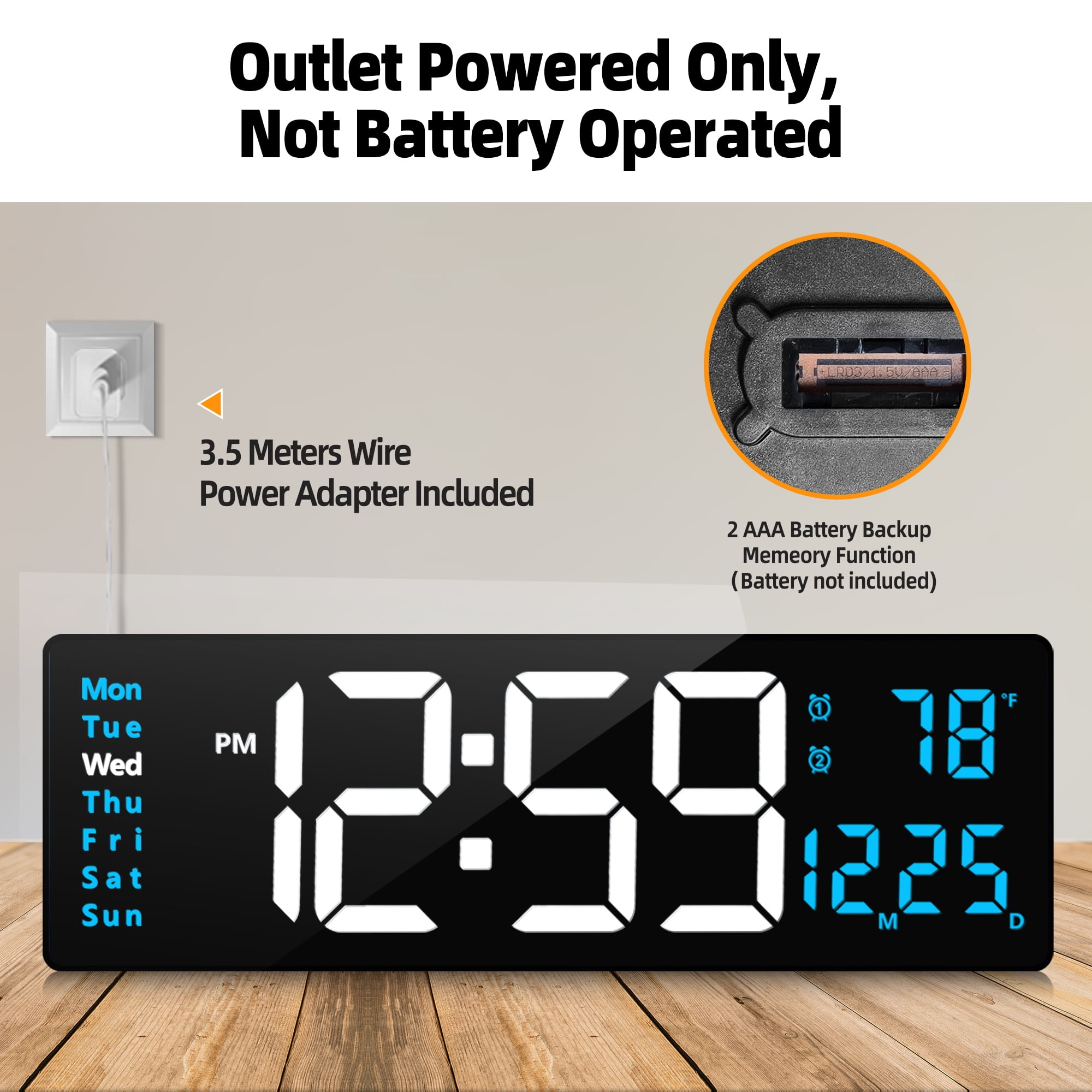 16-inch Large Display Wall Clock with Remote Control, 2 Alarms, Automatic DST, Temperature, Memory Battery for Living Room, Bedroom, Gift for Christmas,Mother's Day, Father's Day