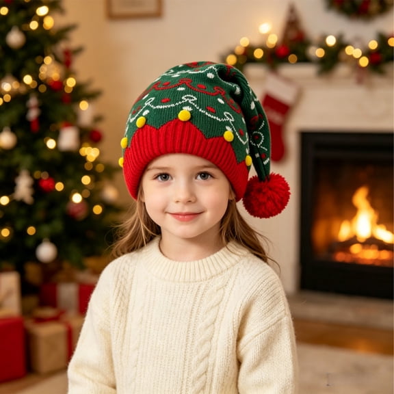 Christmas Knitted Beanies Hat for Kids, Christmas Santa Hat with Plush Ball Winter Warm Crochet Bearded Handmade Xmas Cap for Children