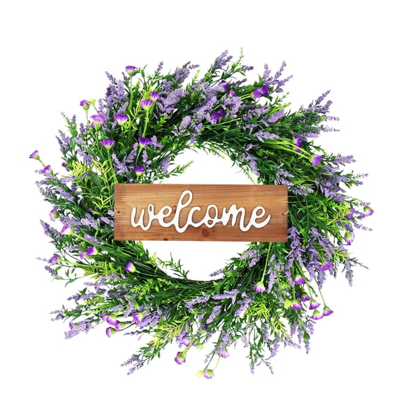 Artificial Lavender Welcome Wreath for Front Door and Wall Decor, Indoor Outdoor Spring Floral Arrangement, Fade Resistant and No Maintenance（Purple)