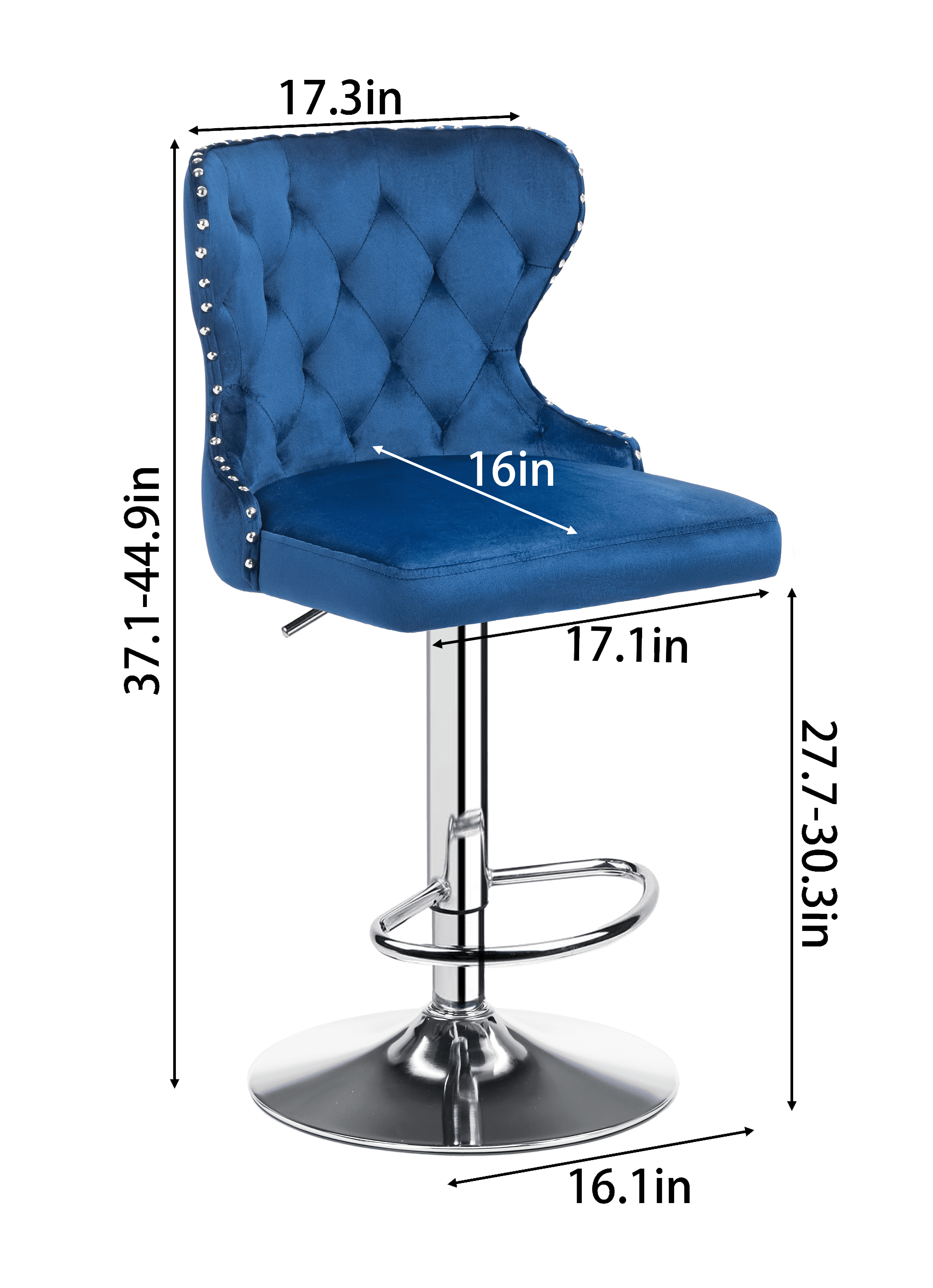 Set of 2 Adjustable Swivel Bar Stools,Velvet Upholstered Counter Height Chairs with Nailhead Trim, Silver Footrest, and High Back for Kitchen Island, Home Bar, Dining Room, Cafe, Blue