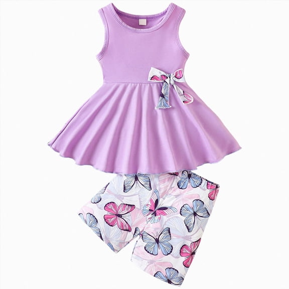felwors Toddler Girl Clothes 2 Piece Bowknot Sleeveless Top Dress and Leggings Shorts Set Kids Summer Outfits (2-3 Years,Purple)