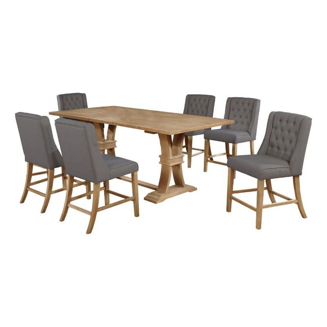 Ensemble de Salle à Manger en Bois Rustique 7pc avec Chaises en Tissu de Lin Gris et Table Extensible