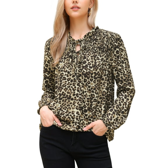 INSPIRE CHIC Women's Top Leopard Print Smocked Tie Neck Casual Long Lantern Sleeve Blouses XS Leopard Print