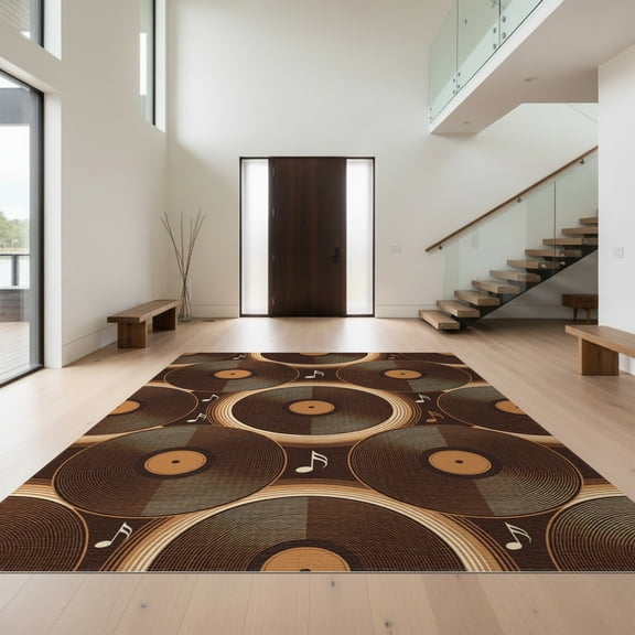 Design&I 8'x10' Washable Area Rug Record Abstract Vinyl Album Circular Groove Lines Musical Music for Living Room, Family Extra Large Skid-Resistant Low Profile