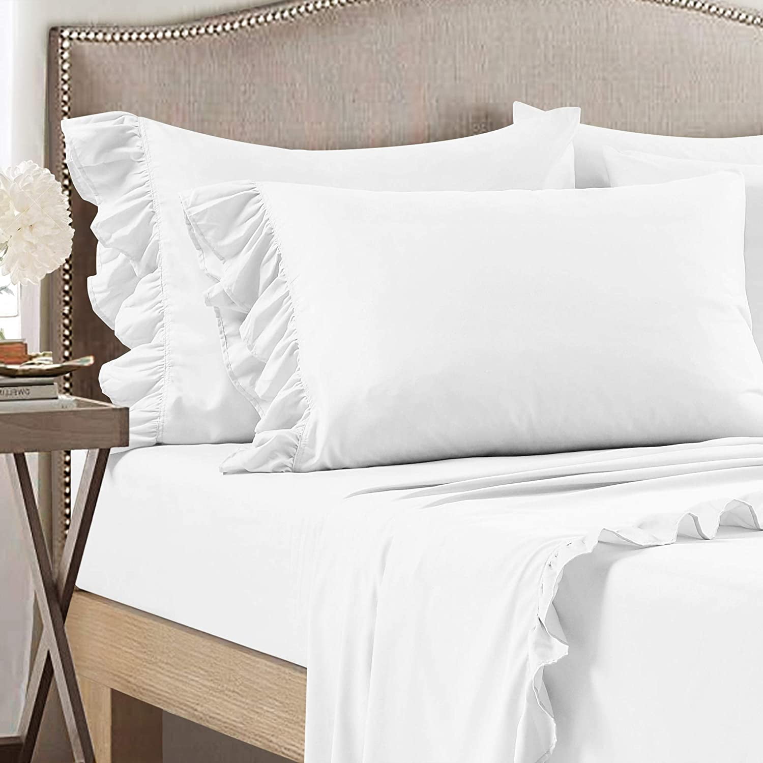 Ruffle Bed Sheet Set 6 Piece - 16 Inch Deep Pocket - 100% Pure Bamboo Bed Sheet Set - Anti Static Feels Like Silk - Super Comfy, Extra Soft and Luxury - White Solid, Twin Size.