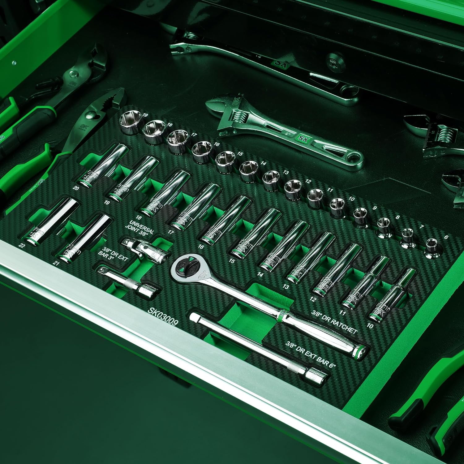 SK 3/8" Drive Socket Set with 160-P Ratchet, 31-Piece, Metric, SuperKrome Finish, Preminum CR-V Construction, with EVA Foam Tool Organizer