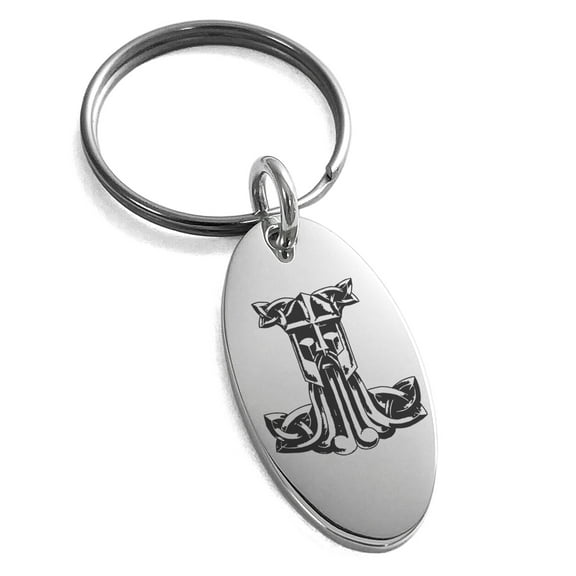 Stainless Steel Thor's Hammer Mjolnir Celtic Viking Rune Engraved Small Oval Charm Keychain Keyring