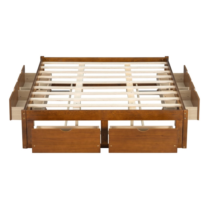 Queen/King Size No Box Spring Required Platform Bed with No Headboard, Wooden Storage Bed Frame with 6 Drawers