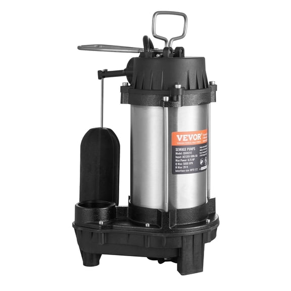 0.75HP 5000GPH Cast Iron Submersible Sewage Pump with 28ft Lift 10ft Cord Automatic Float Switch Stainless Steel for Basement Yard Farm Flood Clean
