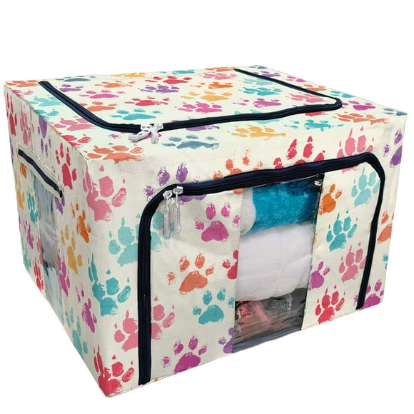 YUSDECOR bright colorful ink prints messy dog paws Storage Bag Clear Window Storage Bins Boxes Large Capacity Foldable Stackable Organizer With Steel Metal Frame For Bedding,Clothes,Closets, Bedrooms