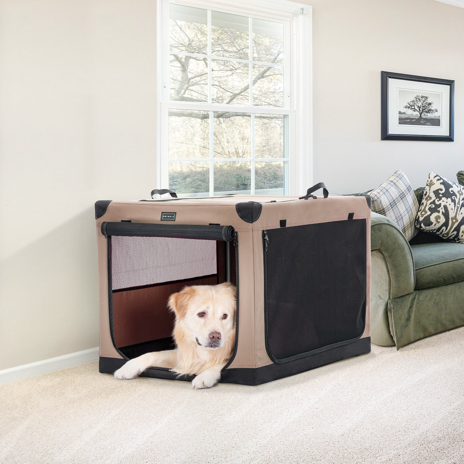 PETSFIT 36 Inch Portable Pet Care Kennel, Adjustable Fabric Cover by Spiral Iron Pipe,3 Door Design,Travel Dog Crate，Khaki