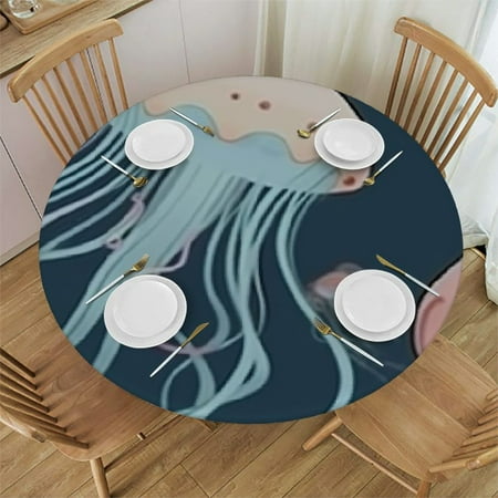 

SHERONV Jellyfish Octopuses Generative Art Round Table Cover Stain Resistant Washable Indoor Outdoor Kitchen Dining Wedding 100% Polyester Fitted for Picnic Farmhouse Decor 42 -46