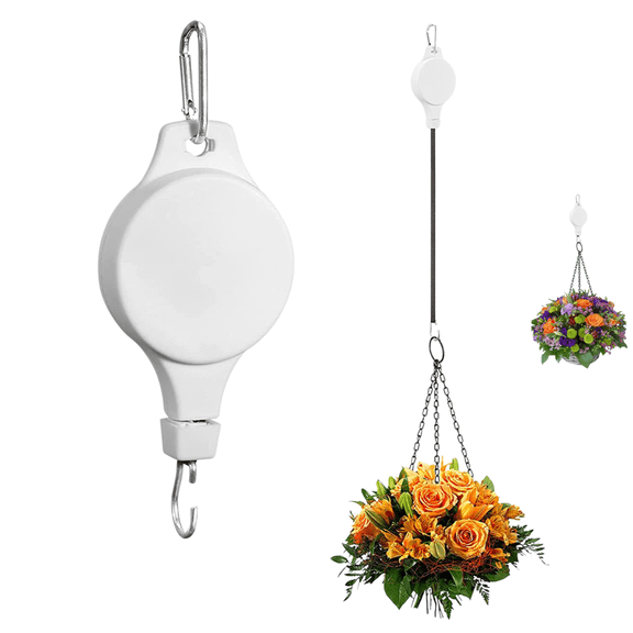 White Retractable Adjustable Plant Pulley Hanger Hook, Height Adjusting Hanging Basket Holder for Indoor & Outdoor Flower Pot Display