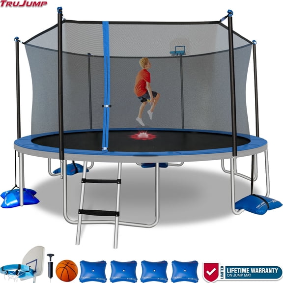 Sportspower TruJump 15FT Trampoline, with Water Anchors, Airdunk, and Enclosure, Blue