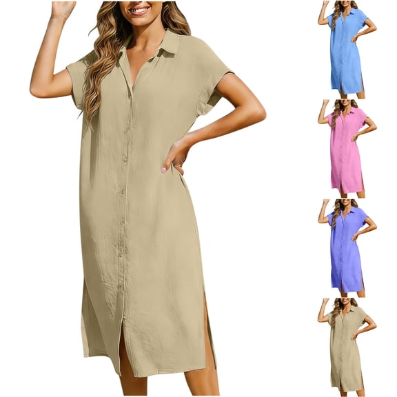 Admvng Womens Cotton Dresses Collar Button-Down Slits Casual Stretchy Summer Basic Dress