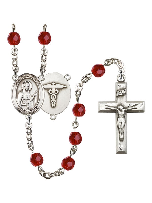 St. Camillus of Lellis / Nurse SilverPlated Rosary 6mm July Red Fire