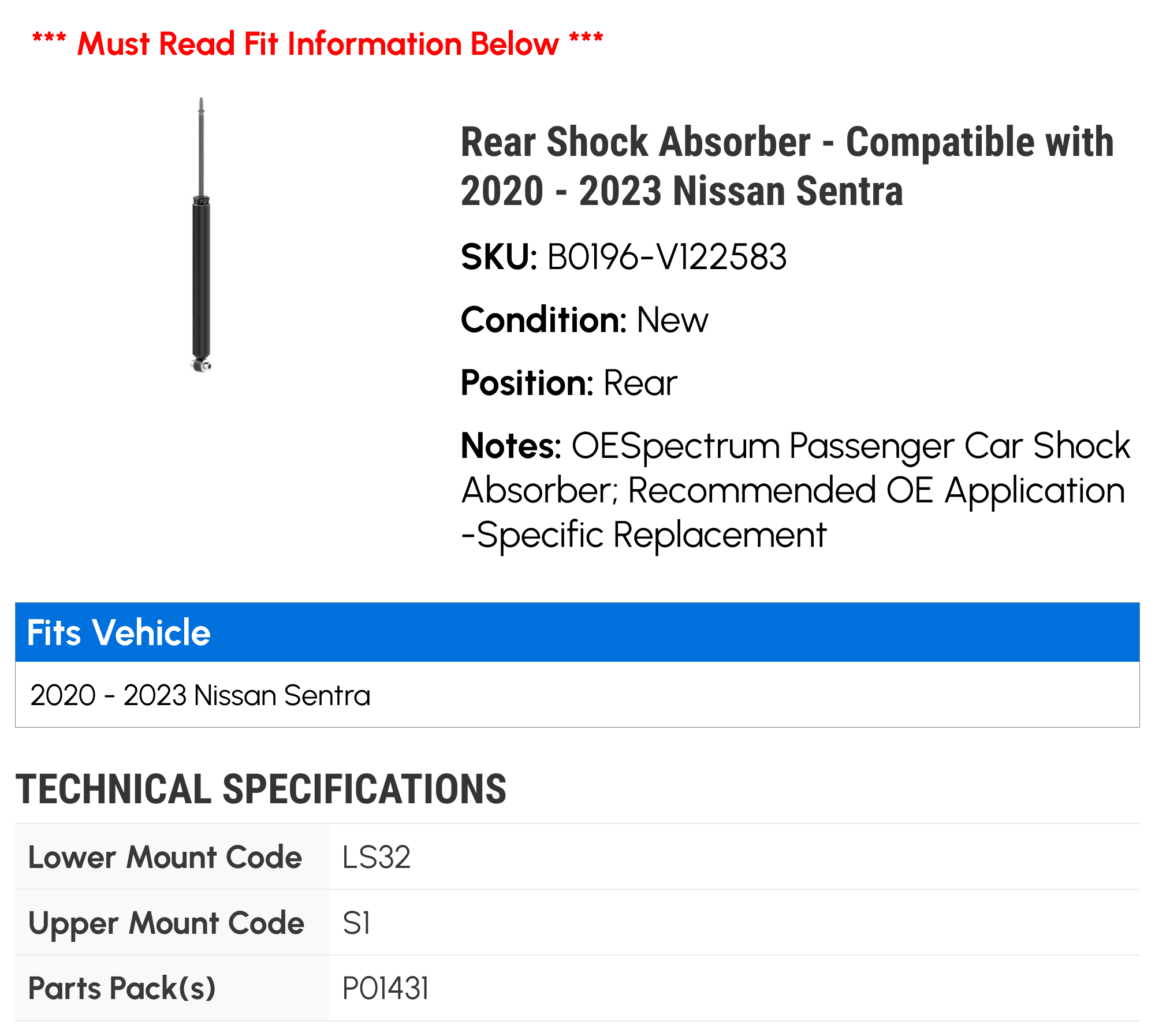 Rear Shock Absorber - Compatible with 2020 - 2023 Nissan Rear Shock Absorber - Compatible with 2020 - 2023 Nissan
