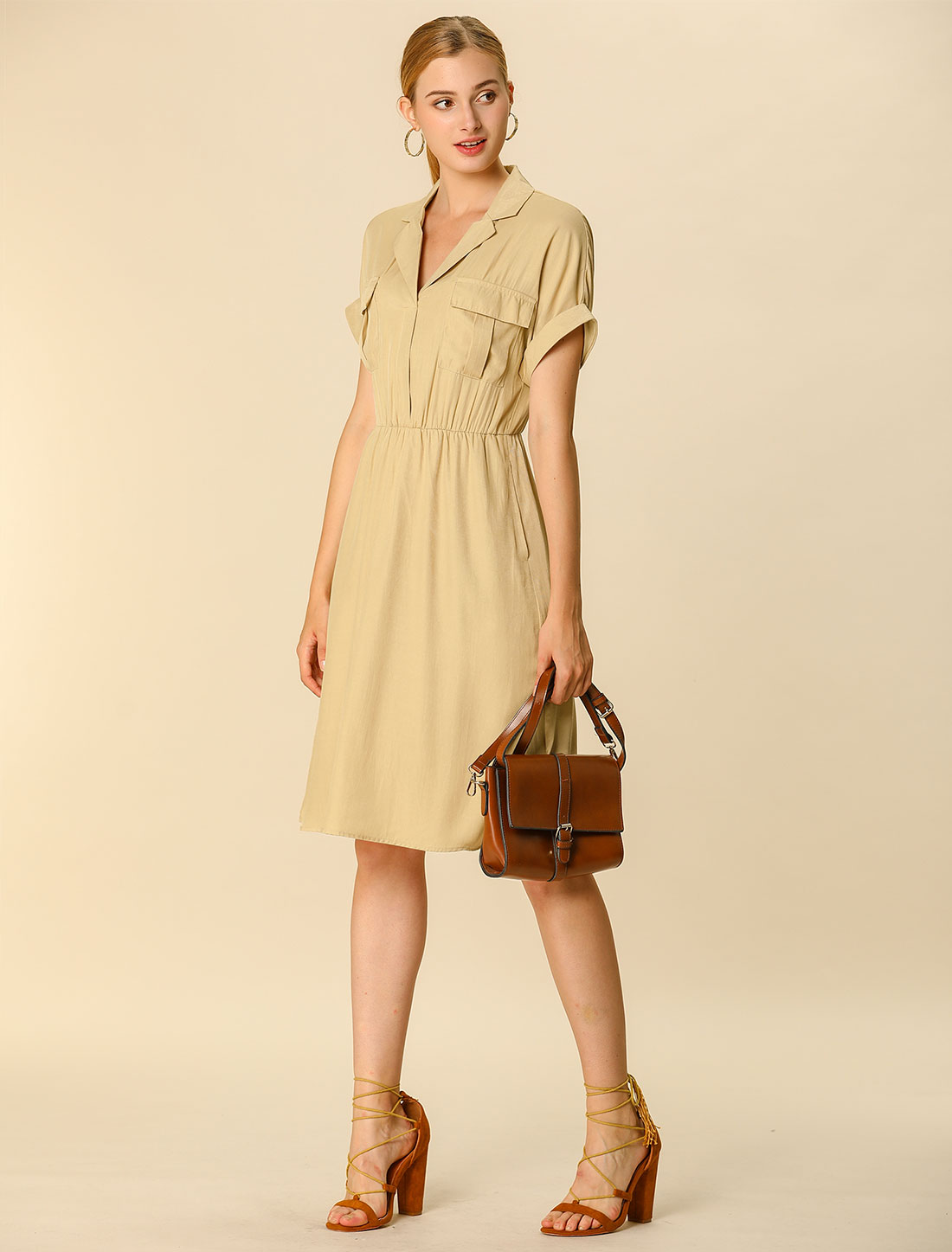 DARING DIVA Notched Lapel V-Neck Above Knee Elastic Waist Shirt Dress S Khaki
