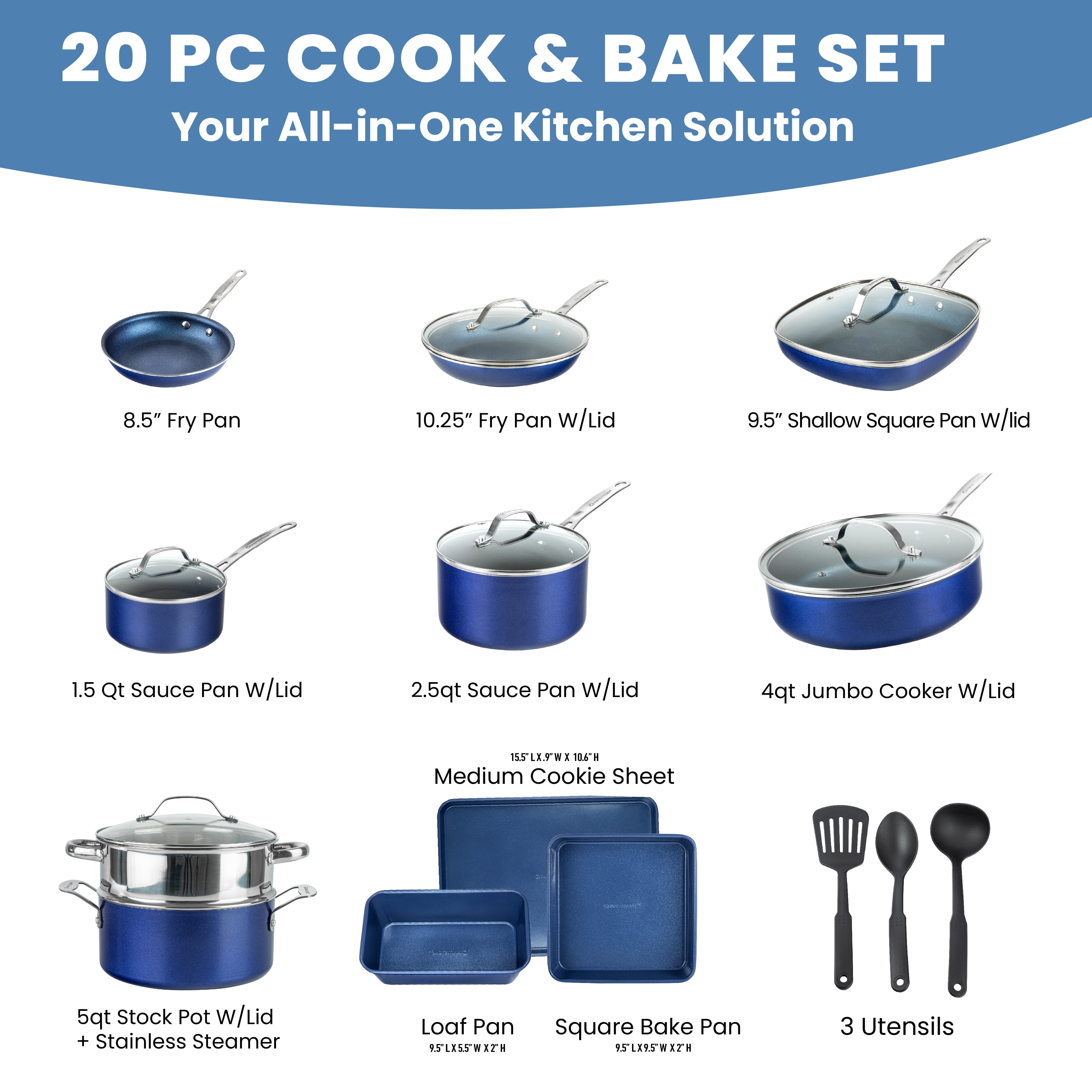Granitestone 20 Pc Complete Pots and Pans Set Non Stick, Pot and Pan Set Cookware Set with Deep Frying Pan and Bakeware, Non Stick Pots and Pan Set with Utensils, Oven/Dishwasher Safe, Blue