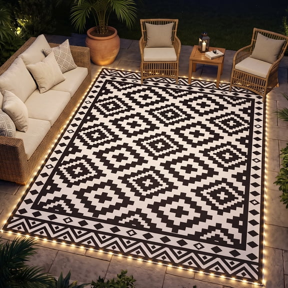 Outsunny Outdoor Rug Carpet Reversible Plastic Straw Rug with LED Lights Black and White 10' x 8' for Patio