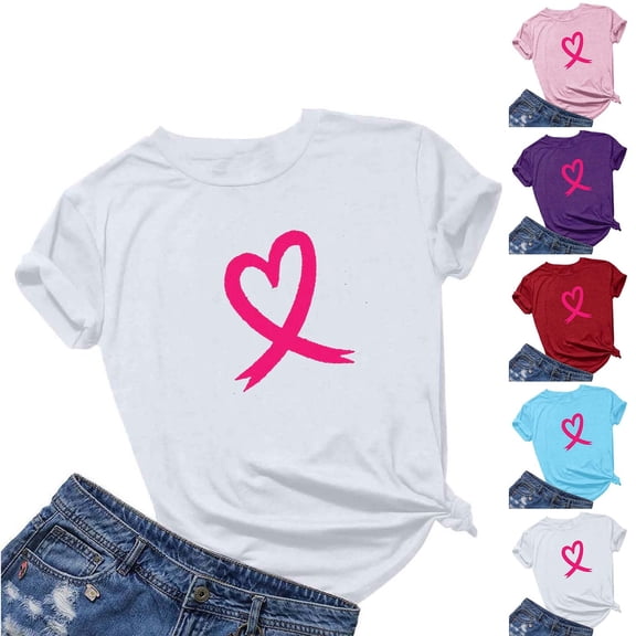 Fartey Breast Cancer Crewneck Shirts for Women Pink Ribbon Breast Cancer Awareness T-Shirt Inspirational Care Gifts Short Sleeve Tops Pink L