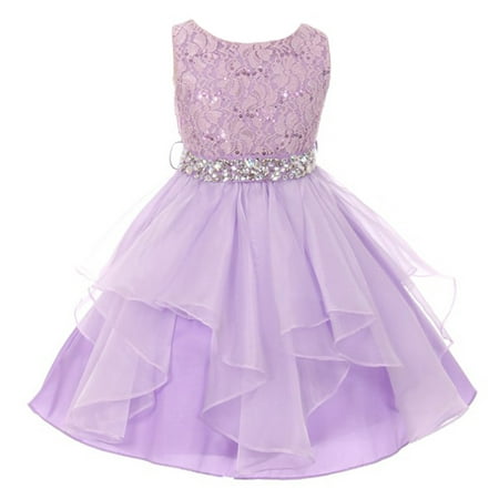 Girls Lilac Stretch Lace Crystal Tulle Ruffle Junior Bridesmaid
