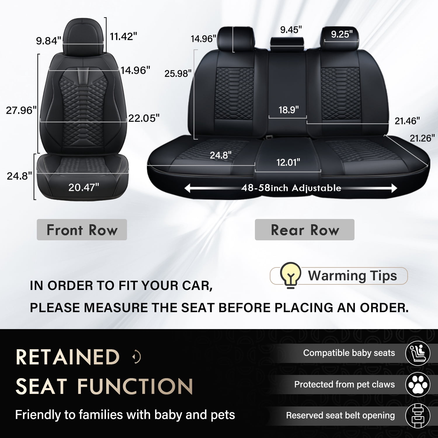 Coverado Black Car Seat Covers Full Set, Premium Leather Front and Rear Split Bench Cover, Automotive Seat Protectors Universal Fit for Most Cars, SUVs and Trucks