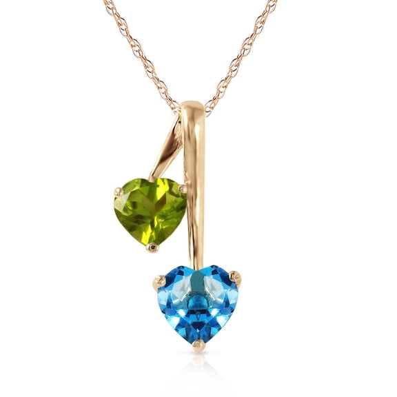Galaxy Gold 14k Solid Gold 18" Necklace with Peridot & Blue Topaz Hearts