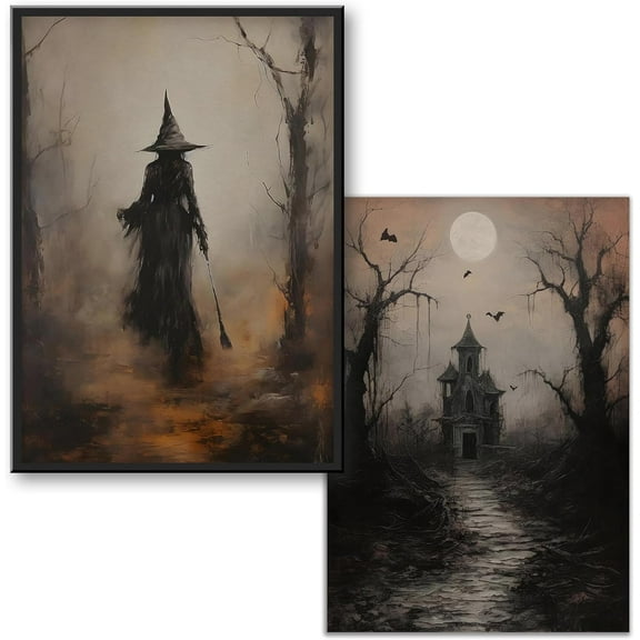 2PCS Vintage Dark Forest Witch Posters Halloween Canvas Wall Art, Dark Academia Painting Prints Goth Spooky Painting Rustic Wall Decor For Living Room Bedroom 12 x16inch Unframed
