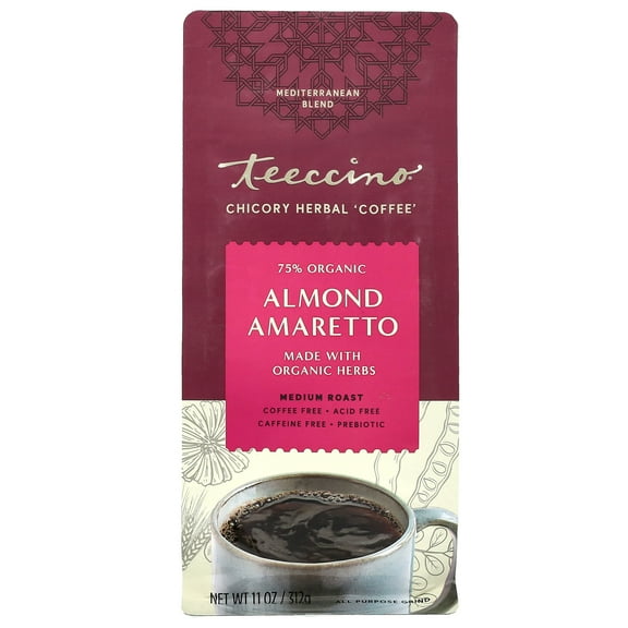 Teeccino Chicory Ground Herbal Coffee, Almond Amaretto, Medium Roast, 11 oz
