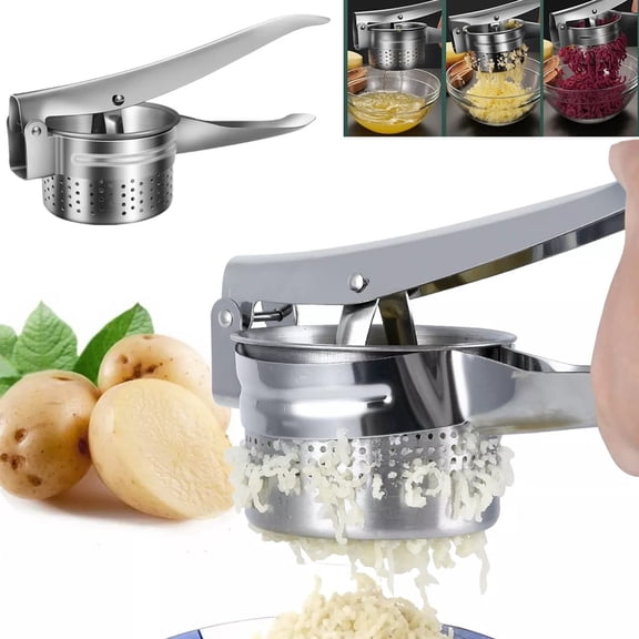 Large Stainless Steel Potato Ricer Masher with Longer Leverage Handles and 3 Interchangeable Discs for Smooth Mashed Potatoes, Vegetables & Fruits Kitchen Tool