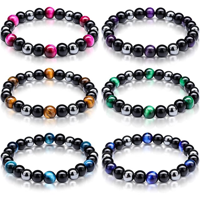Pulsera de protección triple de 6 piezas Pulsera triple de ojo de tigre Pulsera de cuentas de obsidiana negra Pulsera de yoga de cristal curativo para traer suerte y prosperidad
