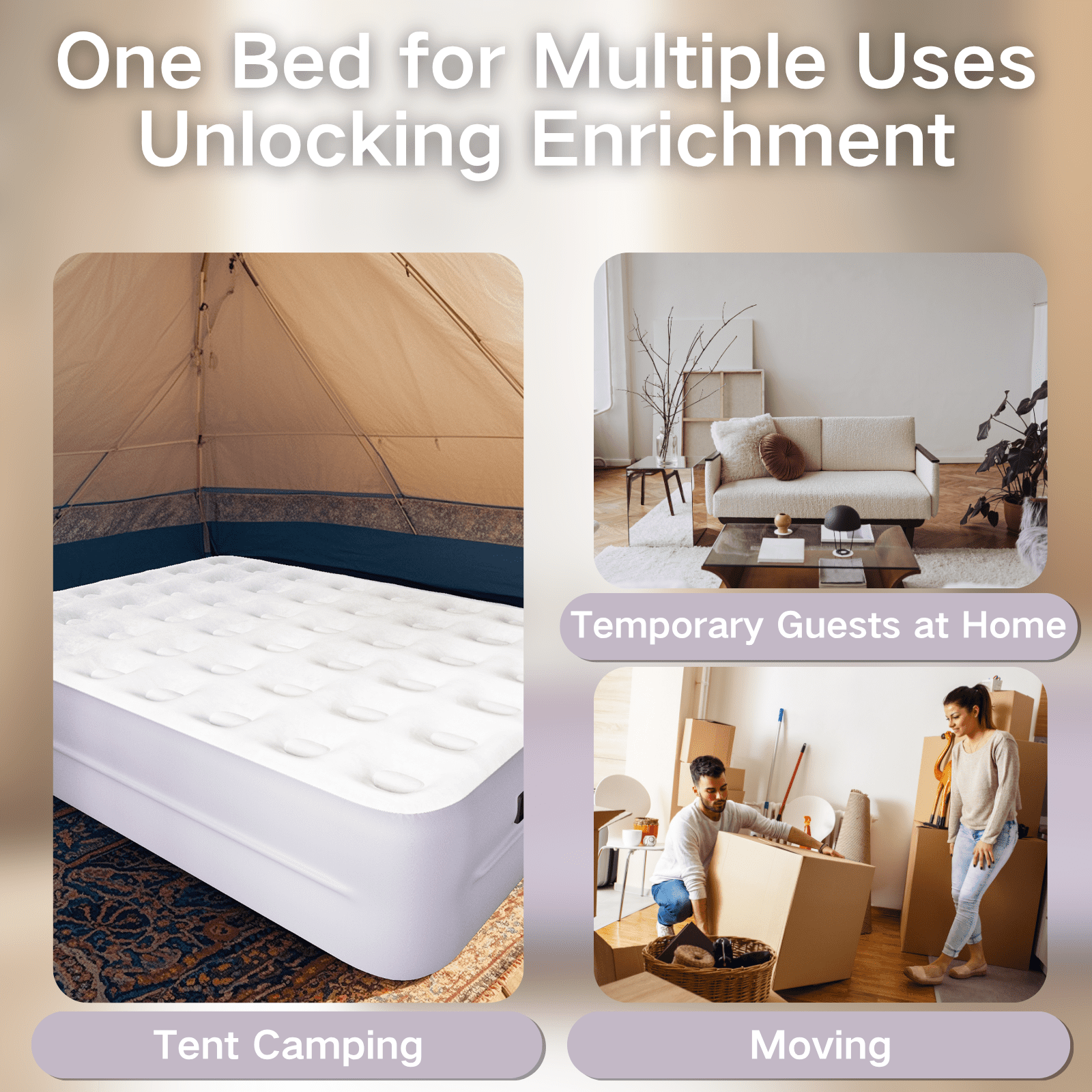 Luxury Queen Air Mattress with Built-In Battery Pump,Heavy-Duty Waterproof Veltex Surface for Indoor/Outdoor Use,Portable Inflatable Camping Bed & Guest Bed(Lavender Purple)