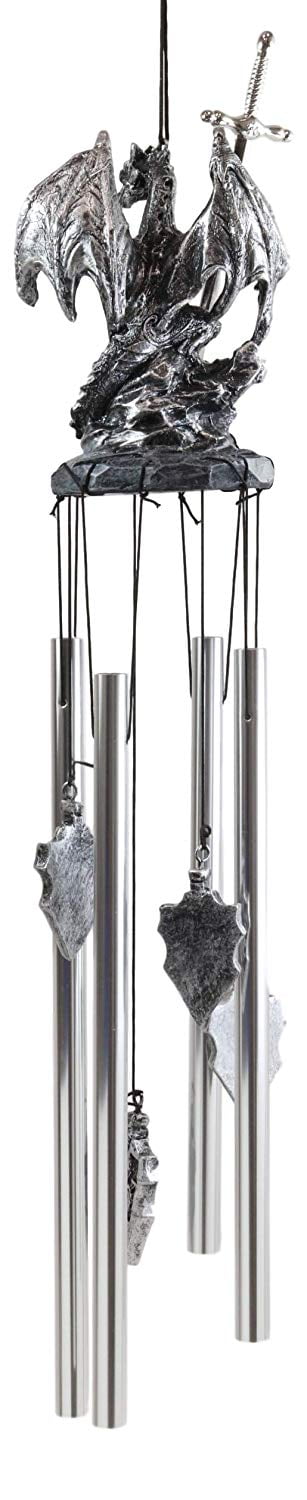 Medieval Silver Dragon Holding Excalibur Sword And Orb Figurine Wind Chime Decor