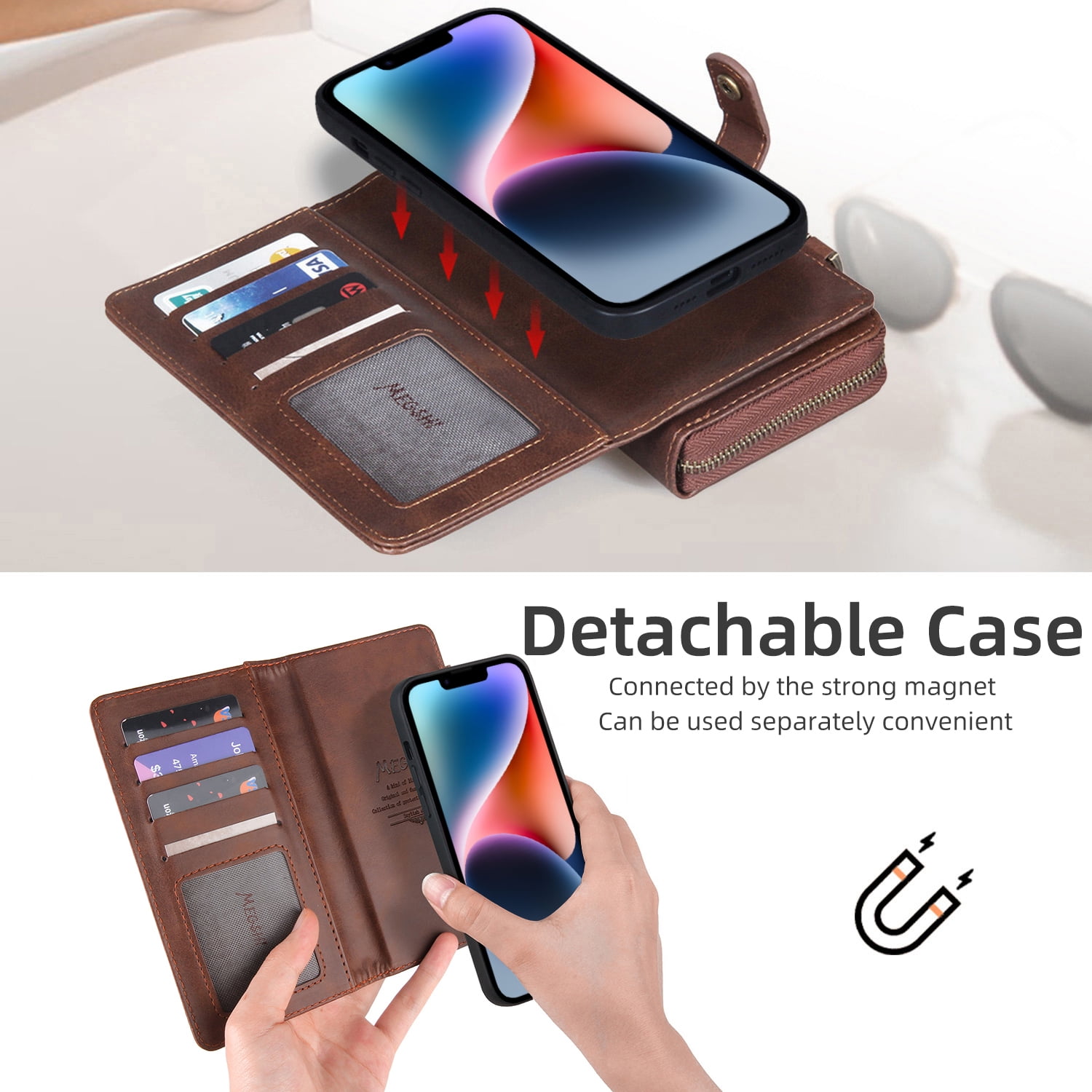 ELEHOLD Flip Wallet Case for iPhone 14 PU Leather Purse Case with Large Capacity 13 Card Slots Zipper Pocket Kickstand Magnetic Detachable Case Cross Body Shoulder Strap Shockproof Protective,Brown