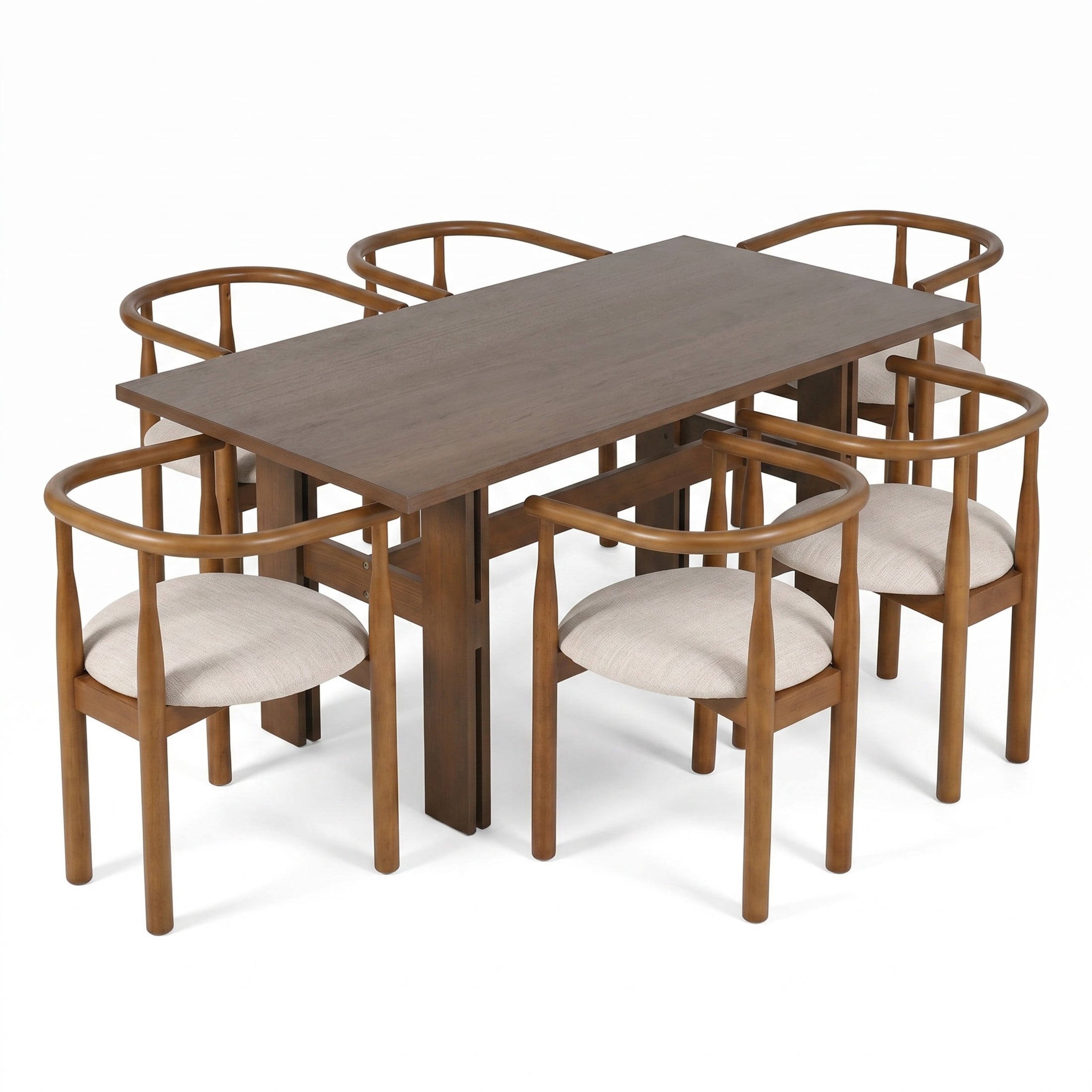 Christopher Knight Home 7-Piece Dining Set, Rectangular Table with Curved Arm Chairs, Walnut+Beige