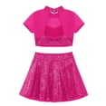 thumbnail image 4 of Alvivi Kids Girls Shiny Sequins Ballet Dance Outfits Short Sleeves Crop Tops and Skirt Set Hot Pink 8, 4 of 5