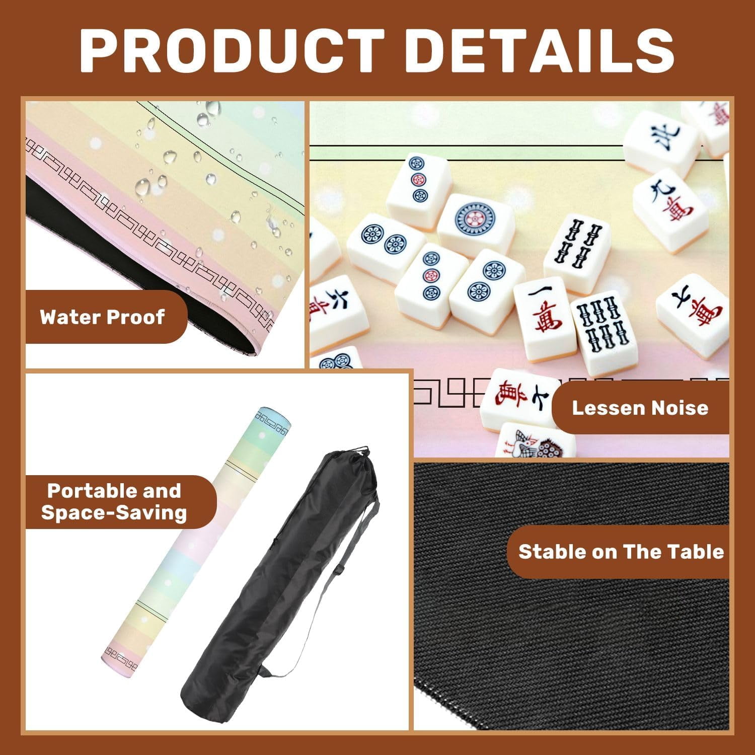Mahjong Mat 31.5" x 31.5" Pastel Stripes White Polka Dots Design Non-Slip Noise Reduction Mahjong Tiles Table Cover for Dominoes Poker Card Board and Tile Games