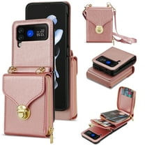 Dteck for Samsung Galaxy Z Flip 4 Case, Zipper Wallet Card Leather Case, Shockproof Ultra-Thin Anti-Scratch Protection Case with Shoulder Strap for Samsung Z Flip 4 5G, Rosegold