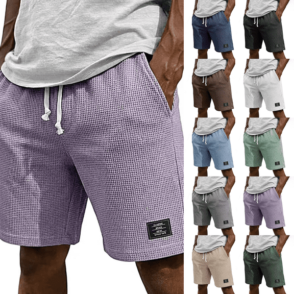 Waffle Knit Shorts for Mens Elastic Waist Breathable Textured Short Pants Casual Summer Athletic Beach Vacation Shorts Light Purple 3XL