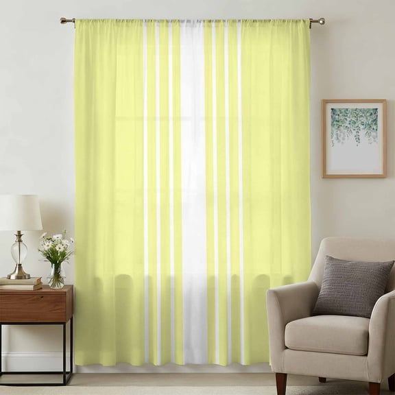 Yellow White Stripe Sheer Curtains 96 Inches Long, Modern Rustic Vertical Striped Light Filering Curtains, Privacy Drapes Simi Floor to Veiling Curtain for Living Room Bedroom Large Window Treatment